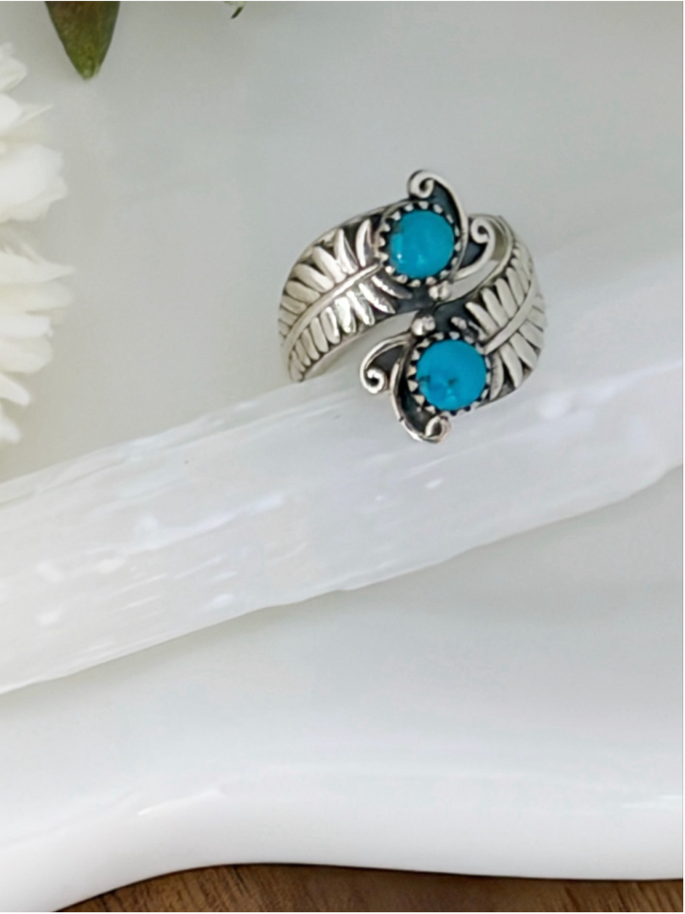 Sterling Silver 925 Turquoise Rings Size 7 Feather Wrap Handmade
